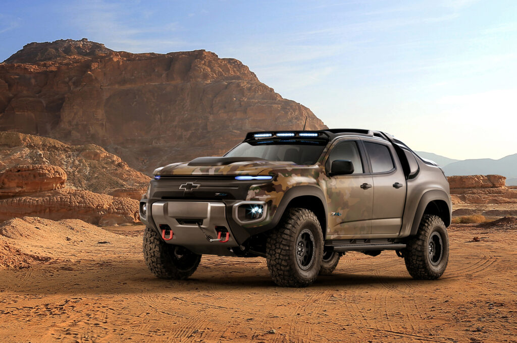The Chevrolet Colorado ZH2 fuel cell electric truck is based on the Colorado ZR2 and was unveiled in 2016 for evaluation by the US Army