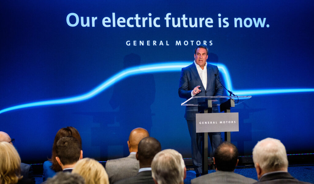 GM president Mark Reuss talking EVs in early 2020 at the Detroit-Hamtramck assembly plant, the first GM plant dedicated to electric vehicle assembly