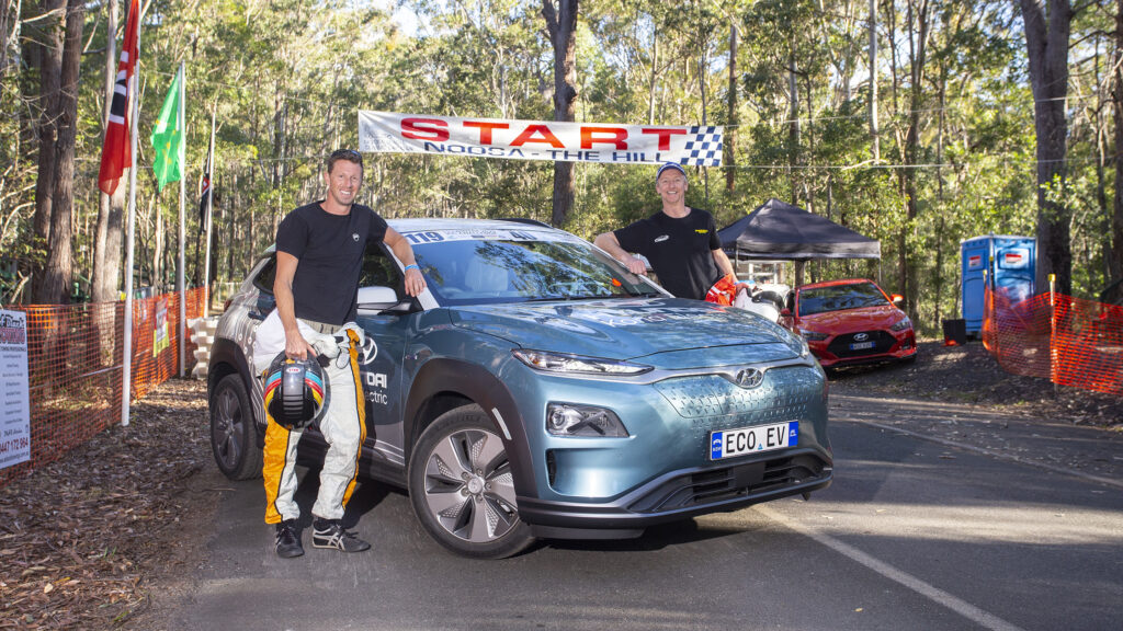 Drivers Iain Curry and Cranston Polson with 2020 Hyundai Kona EV at 2020 Noosa Hill Climb