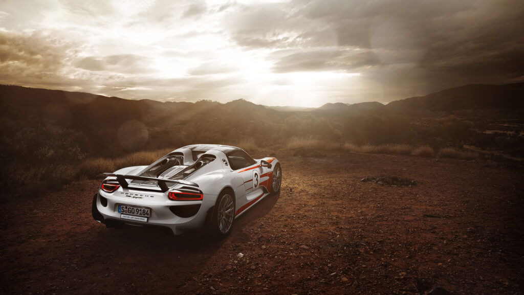 Porsche 918 Spyder plug-in hybrid electric vehicle during high speed testing in Australia in 2015