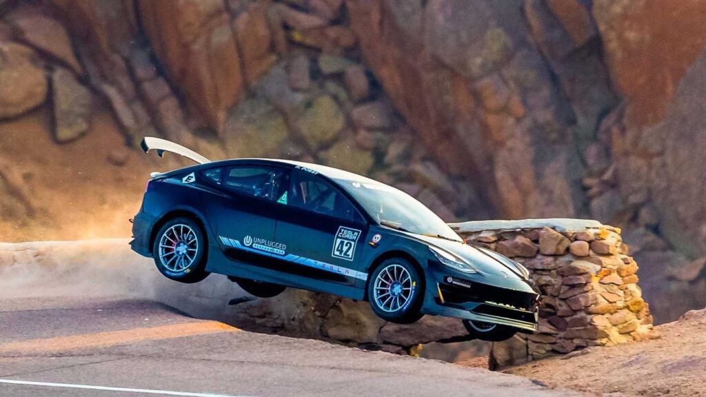 Tesla Model S driven by Randy Pobst after a big crash at the Pikes Peak race in Colorado