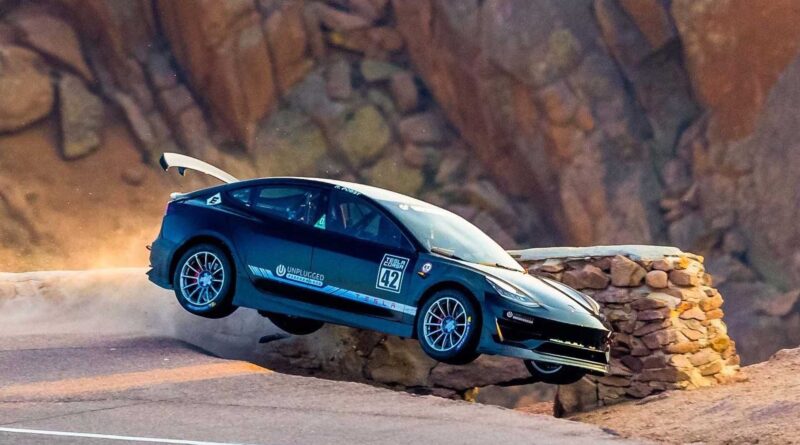 Tesla Model S driven by Randy Pobst after a big crash at the Pikes Peak race in Colorado