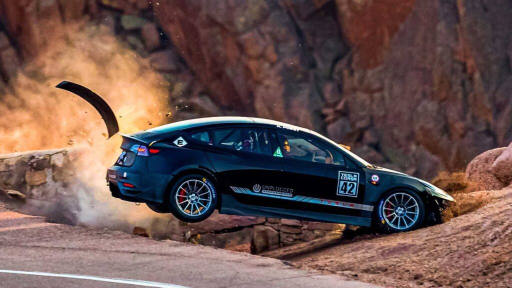 Tesla Model S driven by Randy Pobst after a big crash at the Pikes Peak race in Colorado