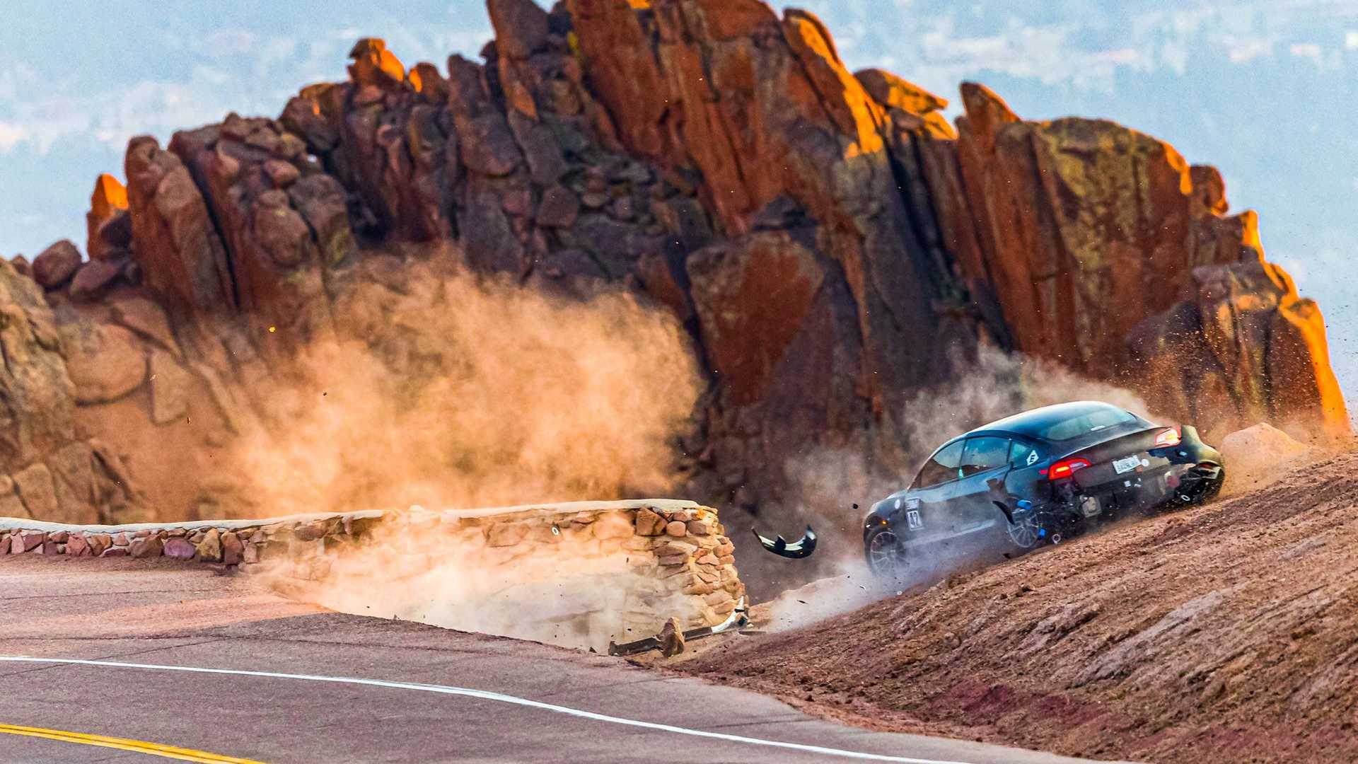 Tesla Model 3 crashes hard at Pikes Peak EV Central