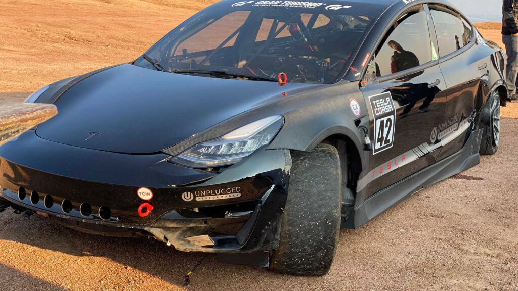 Tesla Model 3 driven by Randy Pobst after a big crash at the Pikes Peak race in Colorado