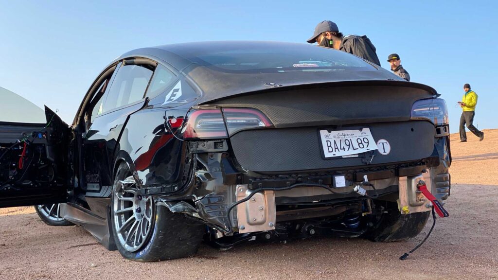 Tesla Model S driven by Randy Pobst after a big crash at the Pikes Peak race in Colorado