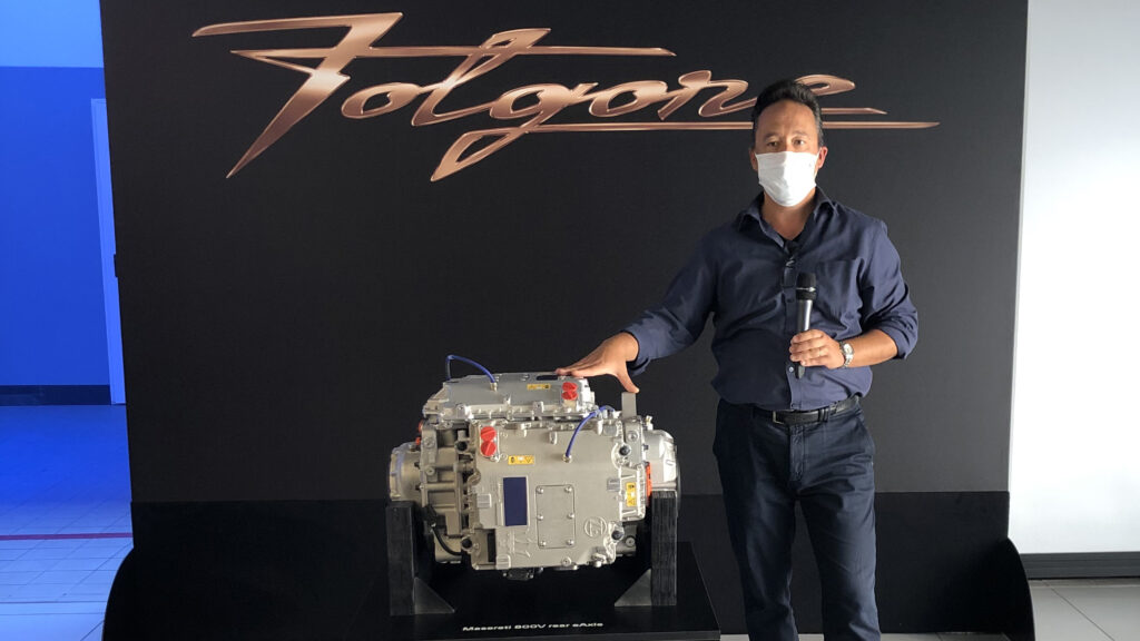 Chief engineer Davide Danesin with Maserati's 800V twin-motor rear axle assembly