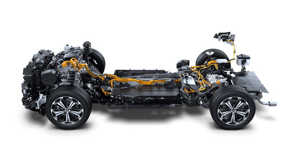 Toyota RAV4 PHEV electrical system, showing batteries, cables and a petrol engine