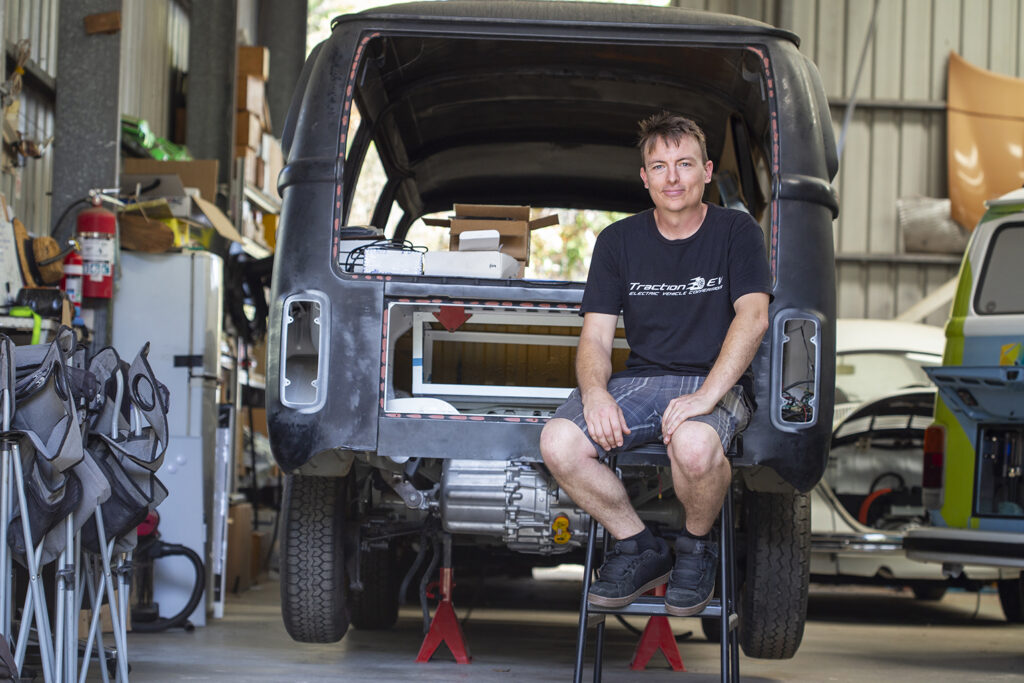 Traction EV's James Pauly with electric conversion VW Kombi
