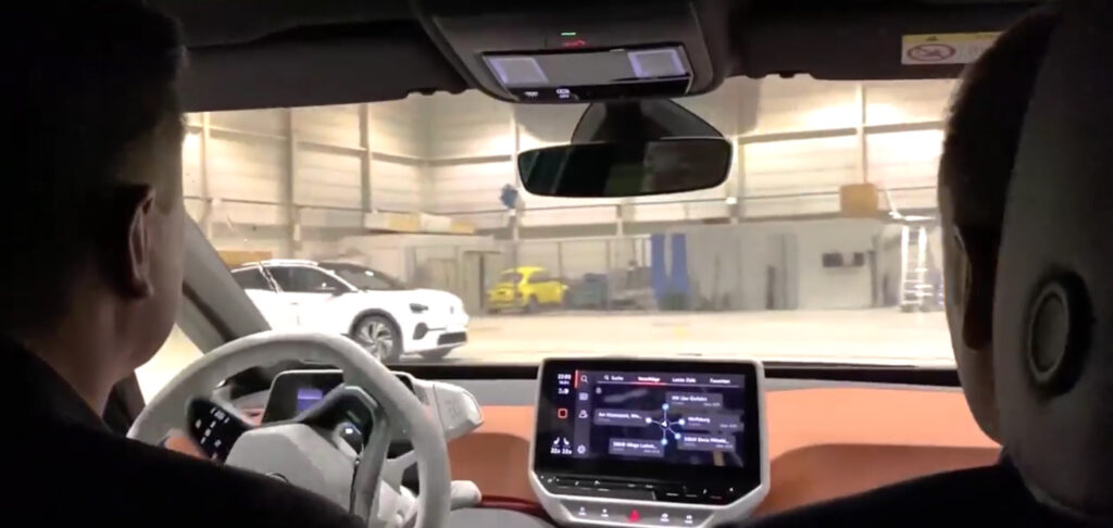 Tesla chief Elon Musk driving a Volkswagen ID.3 alongside Volkswagen CEO Herbert Diess