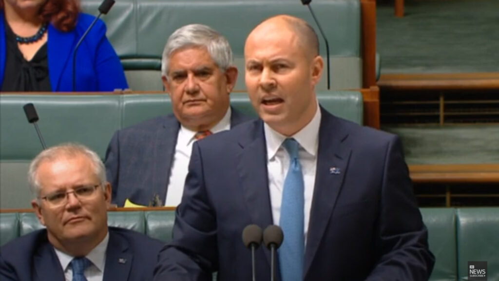 Australian Federal Treasurer Josh Frydenberg delivering the 2020/2021 budget, which provided investment for some electric car projects