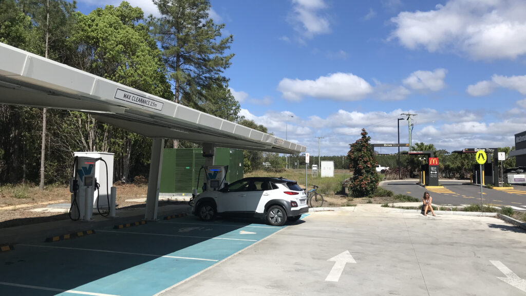 Hyundai Kona Electric charging at a fast charge station