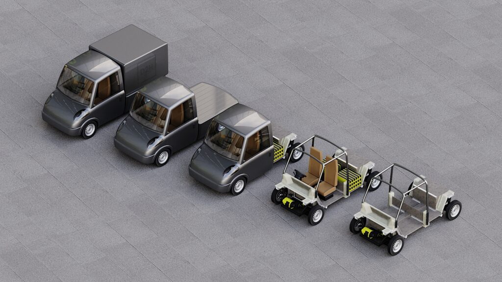 Designs showing an electric tuk tuk created by D2H Advanced Technologies in the UK