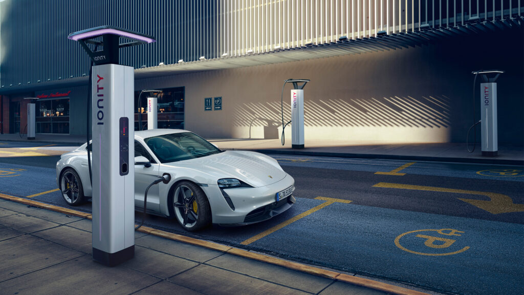 Porsche Taycan Turbo S being recharged at an Ionity charger