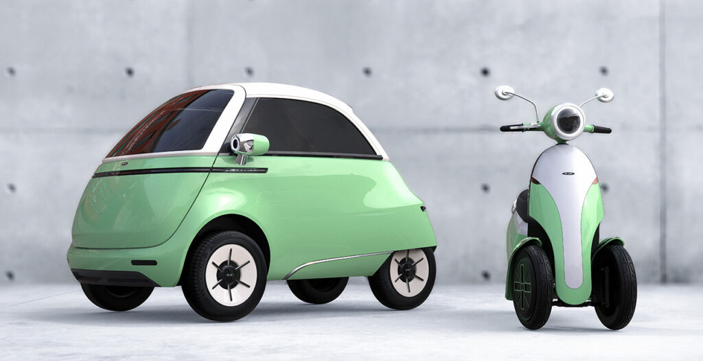 Microlino 2.0 electric car and Microletta concept electric motorbike