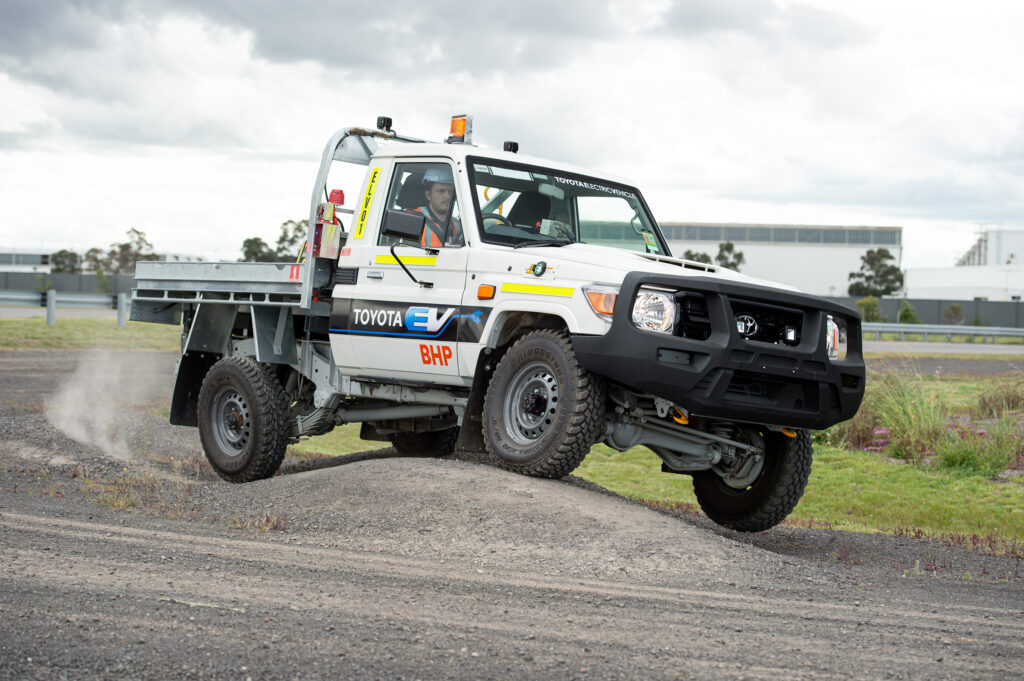 An electric-powered Toyota LandCruiser 70-Series EV being used as part of a trial with mining giant BHP