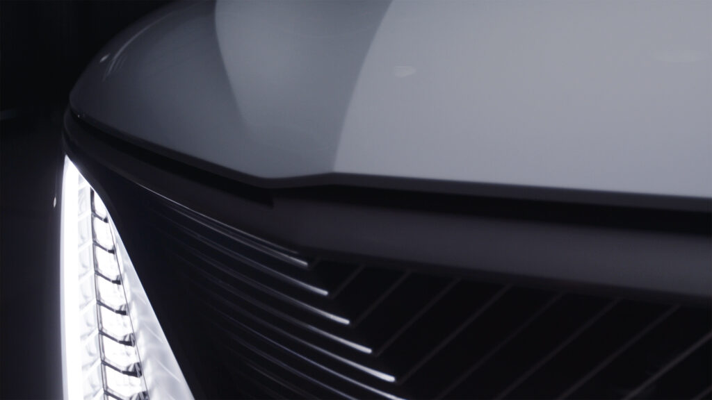 Teaser showing the headlight and grille of the new Cadillac Celestiq flagship limousine