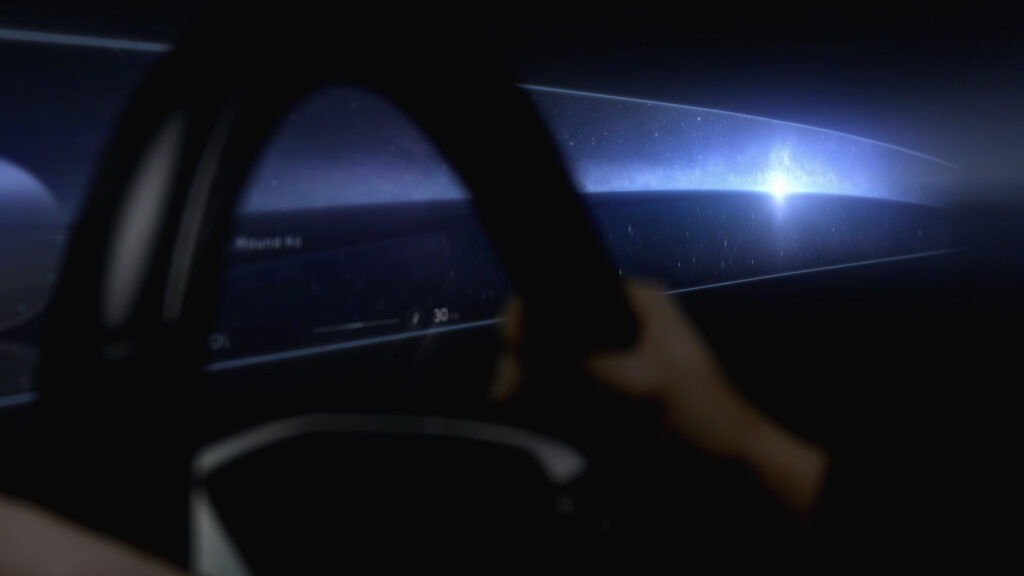 Teaser showing the wide digital display screen sprawling across the dashboard of the new Cadillac Celestiq flagship limousine