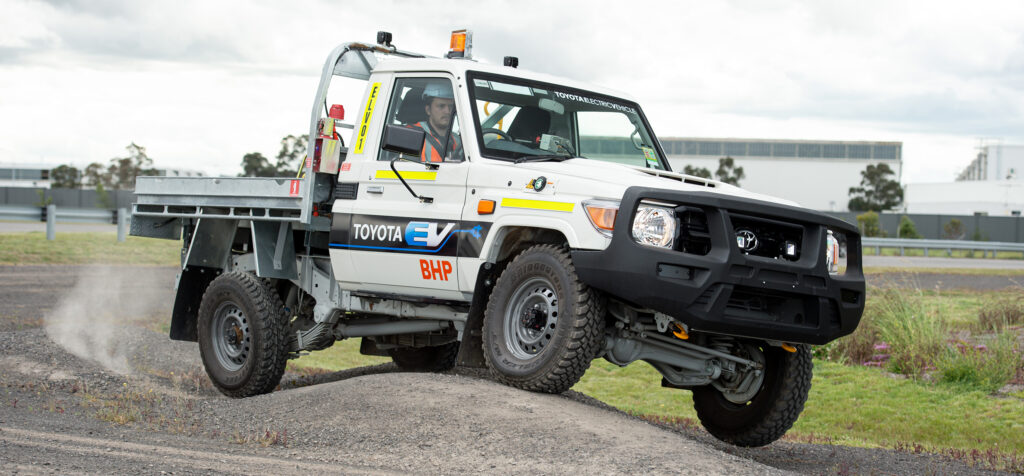 An electric-powered Toyota LandCruiser 70-Series EV being used as part of a trial with mining giant BHP