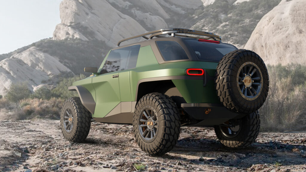 Toyota FJ-E electric concept car created by Art Center College of Design (Pasadena) student Sean Hadley to imagine what a 2030 version of the Toyota FJ could look like