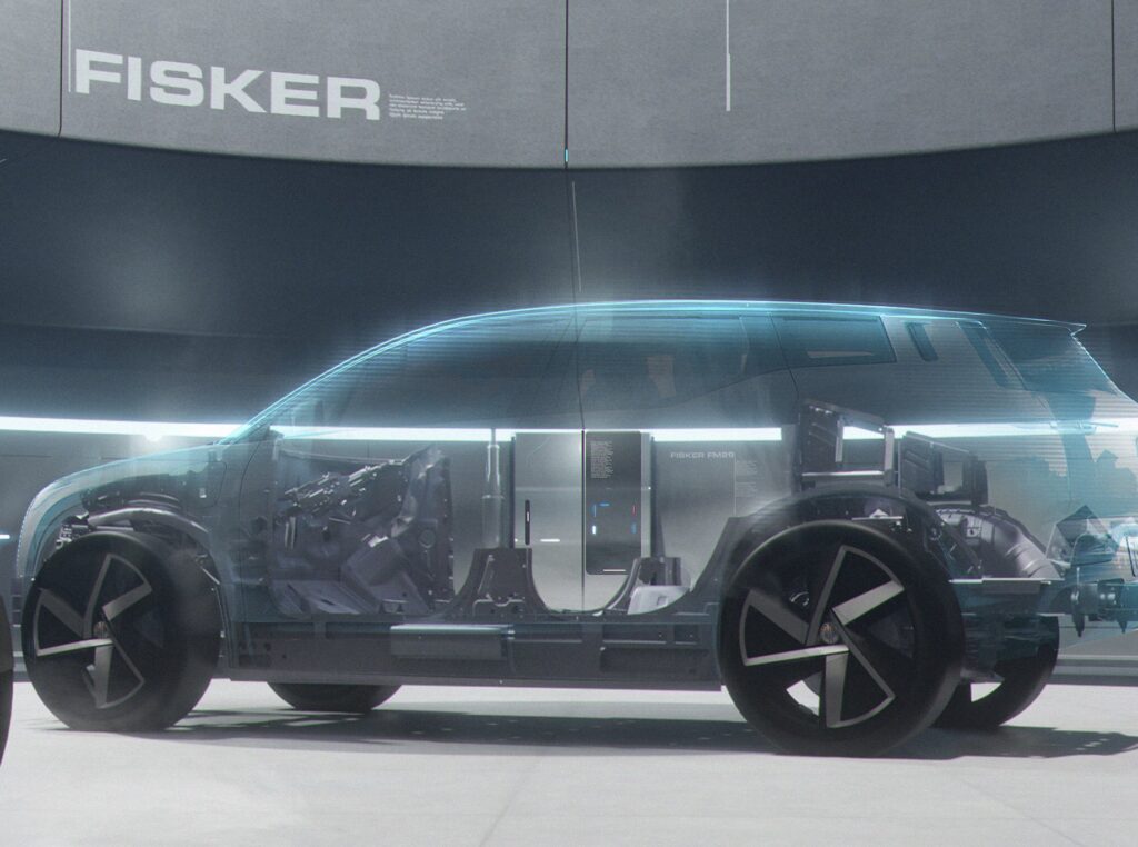 Cutaway showing the FM29 architecture and battery pack of the Fisker Ocean SUV due late in 2022