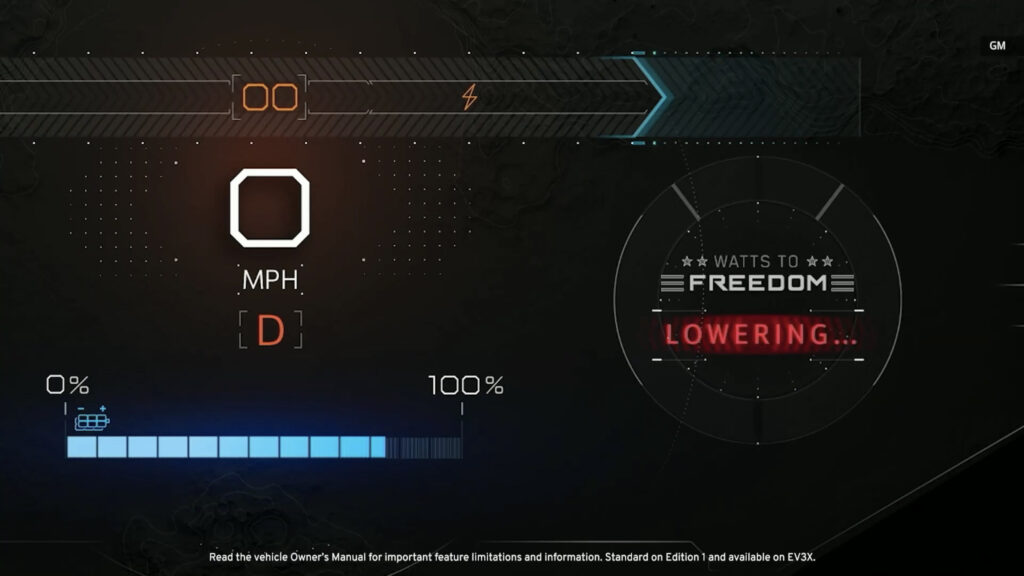 GMC Hummer EV digital display showing the Watts to Freedom mode