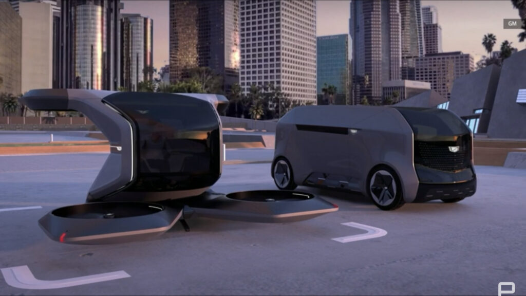 Cadillac eVTOL electric personal flying pod and Cadillac Halo autonomous pod