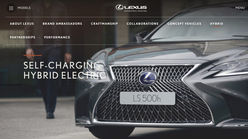 Screenshot of the Lexus website with the misleading tagline "self-charging hybrid electric"