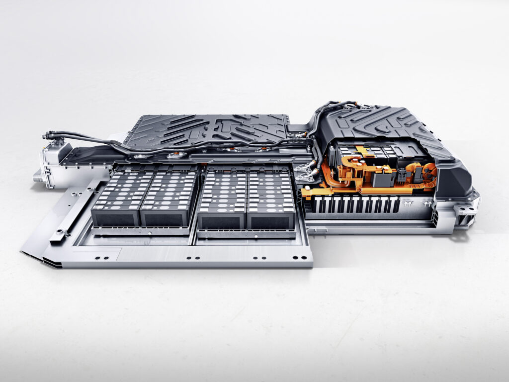 A cutaway diagram showing the lithium-ion battery pack of the Mercedes-Benz EQA
