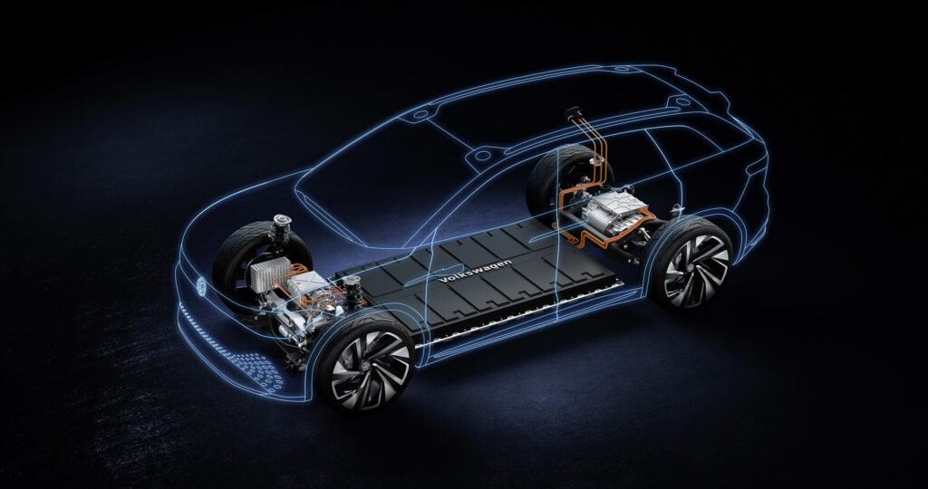 Cutaway of the electrical skateboard architecture from the Volkswagen ID.Roomzz concept of 2019, which gives an indication of the ID.6 production car