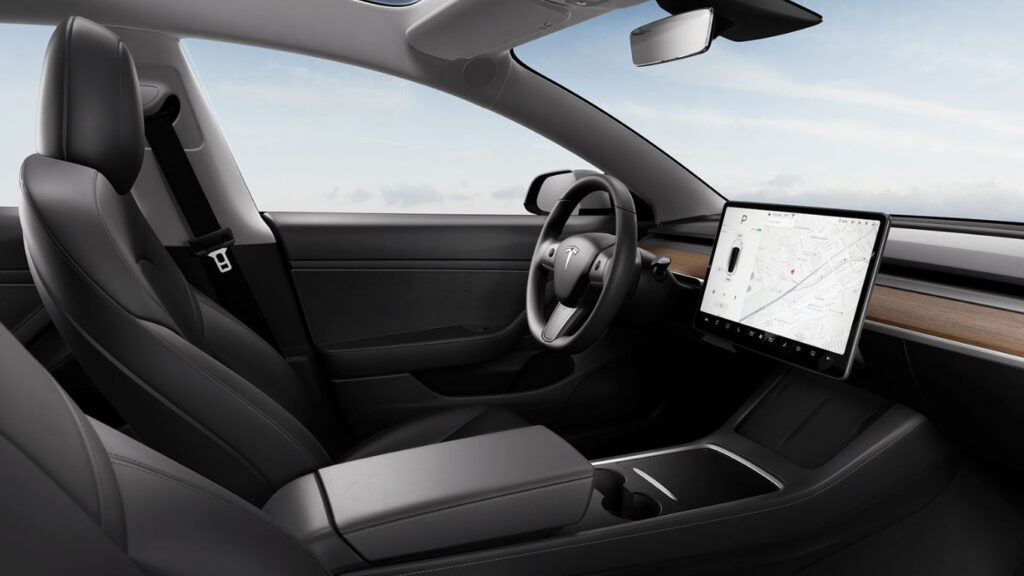 Interior of the updated left-hand drive Tesla Model 3 in the United States. It has a different door trim than the cars made at the Giga-Shanghai factory that will supply Model 3s to Australia from 2021