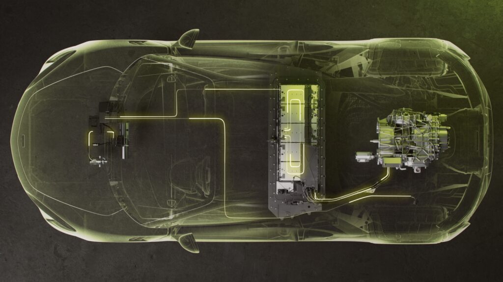 Diagram showing the electric motor and components of the McLaren Artura plug-in hybrid electric supercar