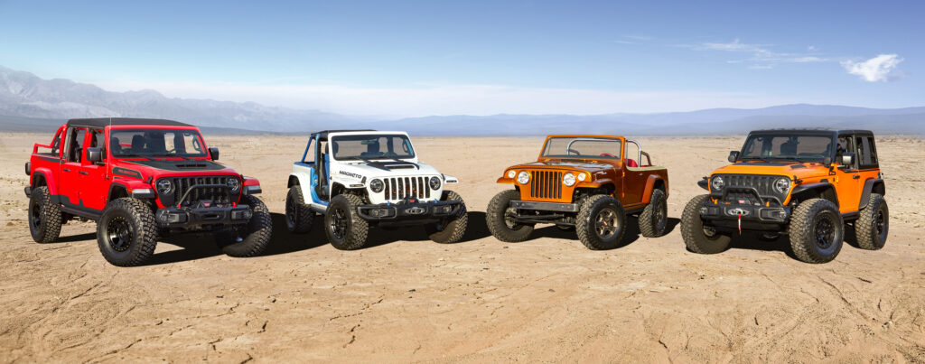 The Jeep Magneto EV is one of four new concept Jeeps revealed for the 2021 Jeep Safari in Moab. Others include the Jeep Red Bare, Jeep Beach and Jeep Orange Peelz