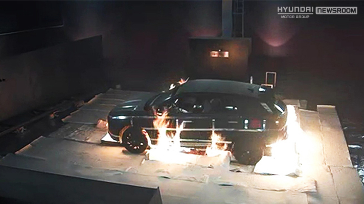 The hydrogen fuel tanks of the Hyundai Nexo being subjected to extreme safety tests, including fire