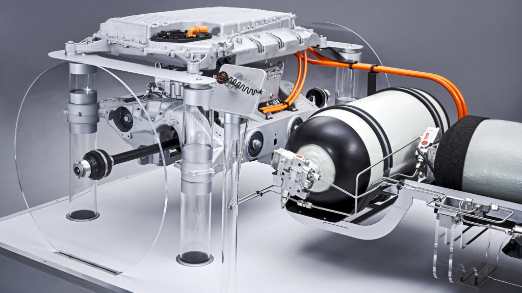 The drivetrain for the BMW i Hydrogen Next concept car showing the hydrogen fuel tanks and fuel cell