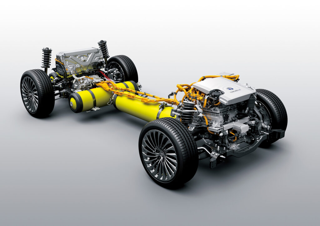 Diagram showing the working components of the Toyota Mirai hydrogen fuel cell electric vehicle