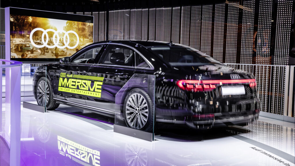 An Audi A8 showing the immersive sound concept Audi showcased in 2019. The company says it will fit a production car with immersive sound in 2024 or 2025.
