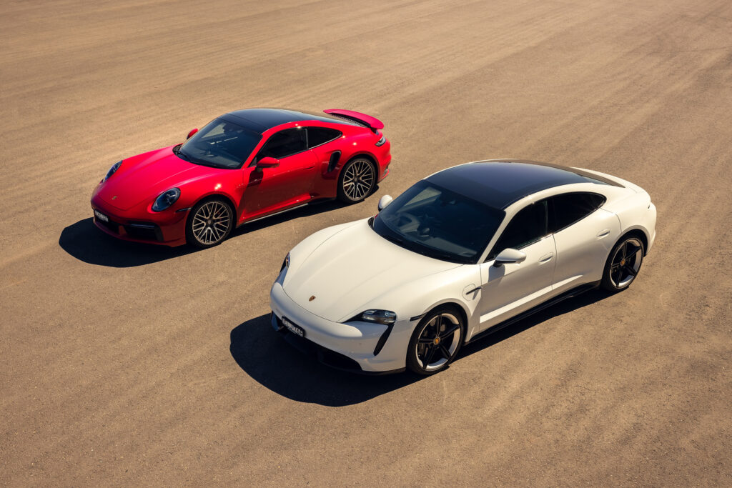 Porsche 911 Turbo and Porsche Taycan Turbo S go head to head at The Bend in South Australia