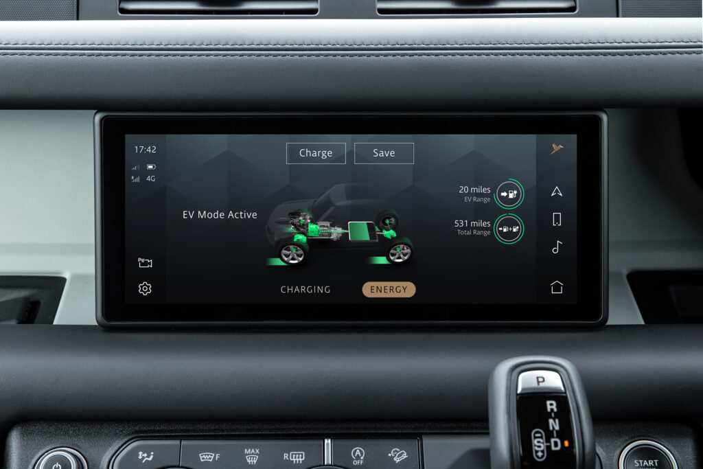 Efficiency screen showing charging and battery capacity on a Land Rover Defender P400e PHEV