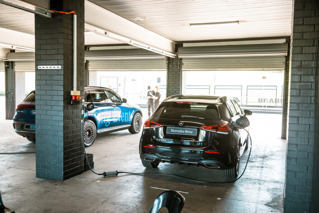 Mercedes-Benz EQC electric SUV and A250e plug-in hybrid being recharged at the Accelerate drive day at Sydney Motorsport Park