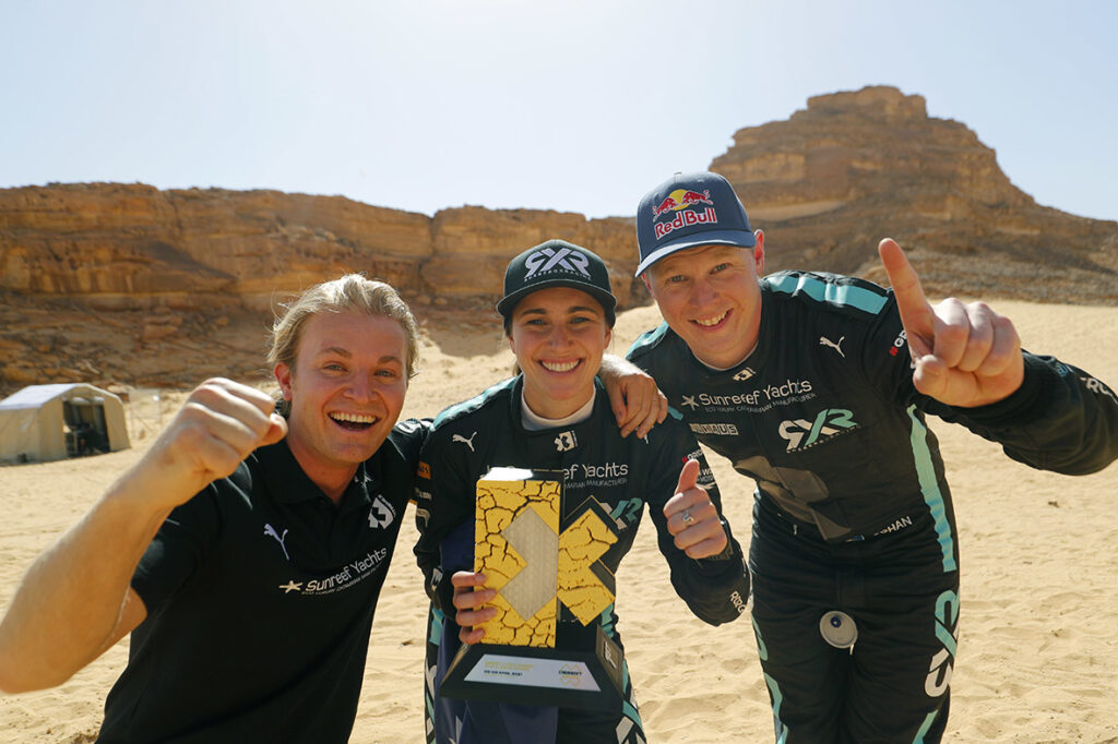 Nico Rosberg, CEO of Rosberg X Racing with Molly Taylor and Johan Kristoffersson after victory in the 2021 Extreme E Desert X-Prix.