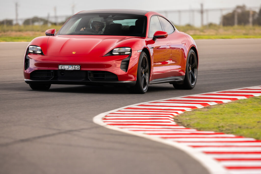 The Porsche Taycan Turbo S at The Bend Motorsport Park in South Australia, where it set an EV lap record of 3:30.344 at an average speed of 133km/h