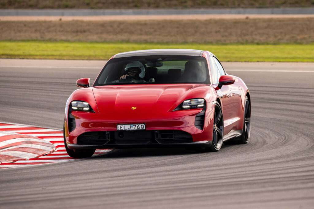 The Porsche Taycan Turbo S at The Bend Motorsport Park in South Australia, where it set an EV lap record of 3:30.344 at an average speed of 133km/h