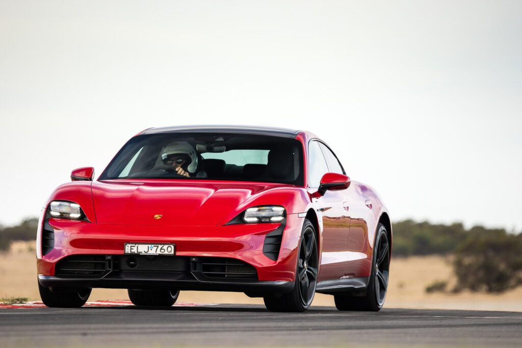 The Porsche Taycan Turbo S at The Bend Motorsport Park in South Australia, where it set an EV lap record of 3:30.344 at an average speed of 133km/h