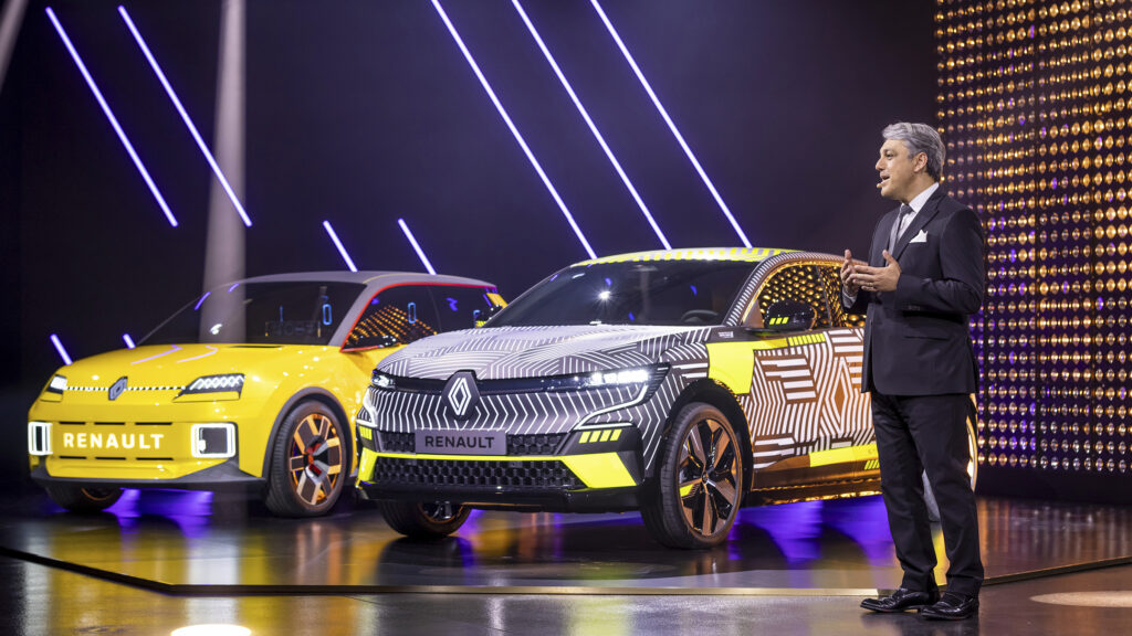 Renault CEO Luca de Meo with the Renault 5 EV concept and the Megane E-Tech electric SUV