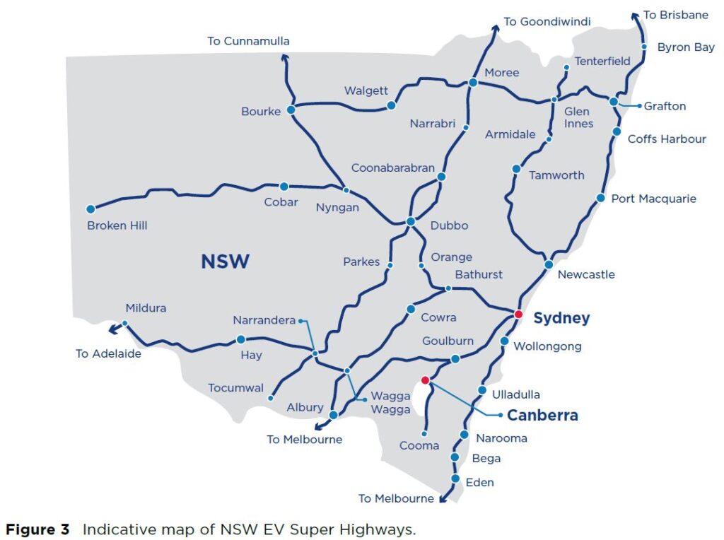 The NSW Government is planning to create EV superhighways across the state with ultra-rapid chargers for locations including Tamworth, Broken Hill, Cooma, Bourke and Conabarabran
