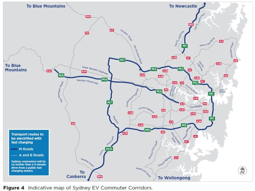 The planned EV commuter corridor charging network for Sydney as announced by the NSW Government
