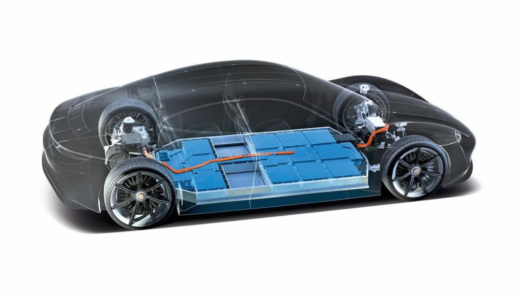 Porsche Mission E cutaway showing the battery pack for the car that went on to become the Taycan