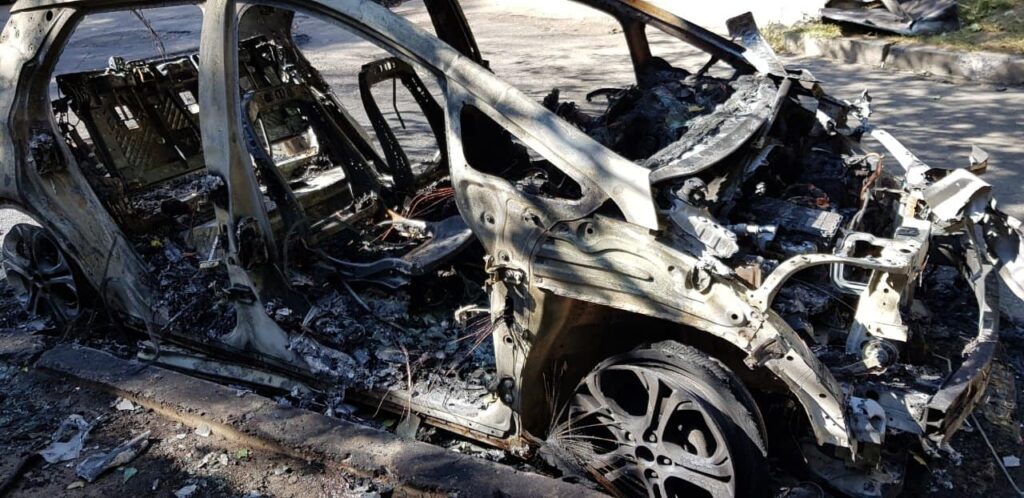 A burned out Chevrolet Bolt EV