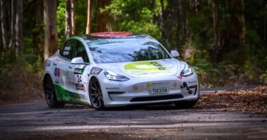 Toceva racing's Tesla Model 3 in action in the Targa West rally